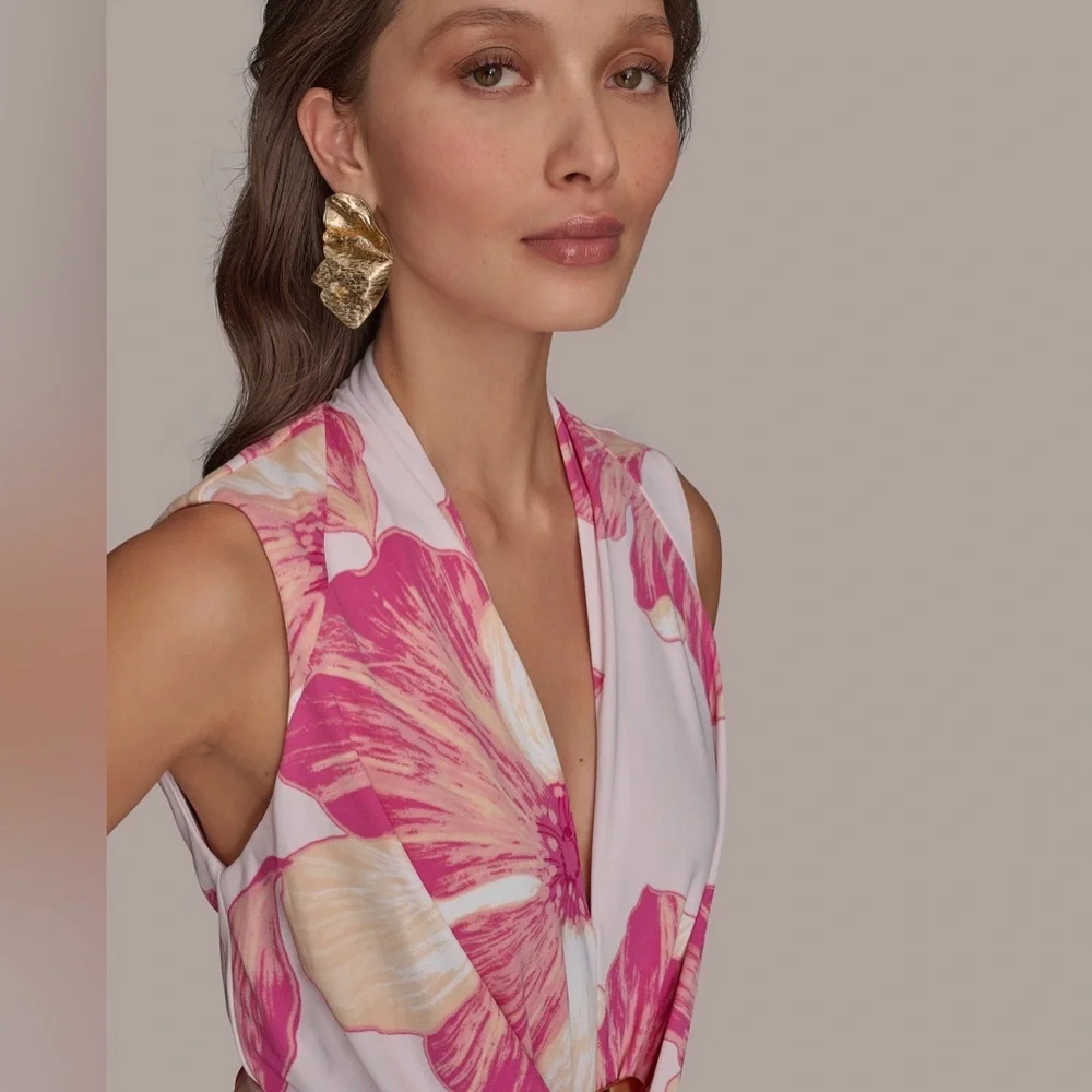 NWT Donna Karan Floral A-Line Midi Dress. Size 12. Misty Rose Pink - Picture 6 of 10